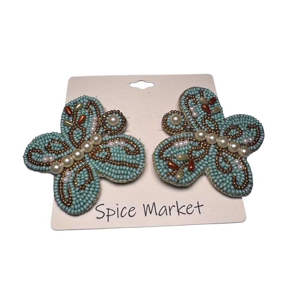 Spice Market Beaded Butterfly Earrings Turquoise Gold Pearl Statement Studs NEW